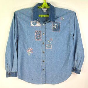teddi Denim Floral Embroidered Long Sleeve Top Womens Size L Blue